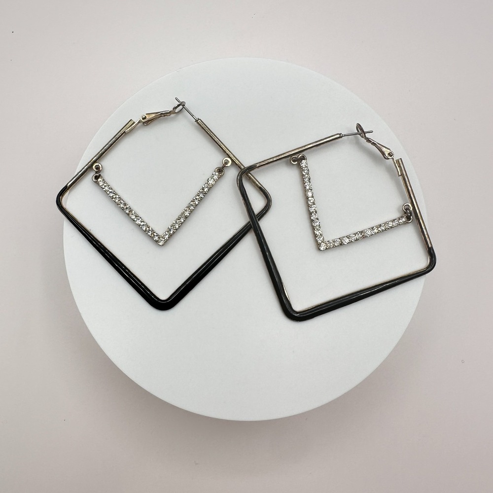 90s Vintage Black Enamel Crystal Hoop Earrings Silver Tone Retro Jewelry